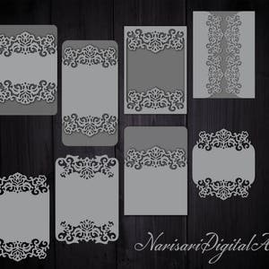 レーザーカットされた結婚式の招待状テンプレート カード/封筒/ベリーバンド/RSVP/4 つ折りカード。 SVGカッティングファイル、Silhouette Cameo、Cricutを設定します