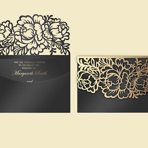 Busta per invito a nozze floreale tascabile tagliata al laser 5x7, modello SVG, carta Quinceanera, file di taglio vettoriale, Silhouette Cameo, Cricut