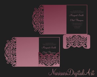 Tri Fold pocket envelope 5x7 Wedding Invitation DXF SVG EPS Template, laser cut file, For Silhouette Cameo & Cricut cutting machines