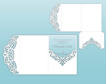 Lace edge Tri-Fold 5x7 Wedding Invitation - Simple Pocket Envelope - SVG Template, Quinceanera card, lasercut file, Silhouette Cameo, Cricut