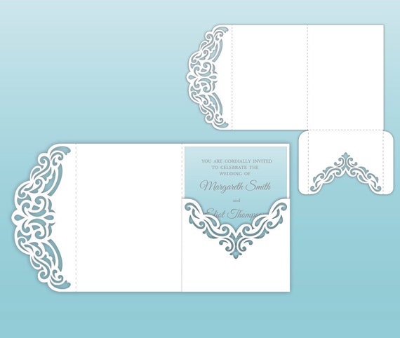 Lace Edge Tri Fold 5x7 Wedding Invitation Simple Pocket Etsy