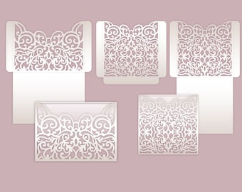 Ornamental Pocket Wedding Invitation Envelope 5x7, 5x5 SVG Templates, laser cut vector, Silhouette Cameo, Cricut digital file