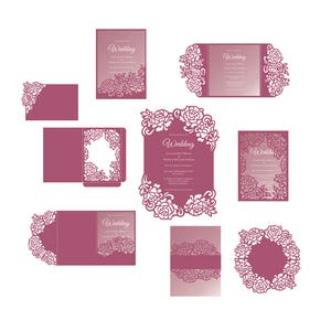 Pfingstrosen Set Cricut Hochzeitseinladungsvorlage Blumenrahmen / Torfalte / dreifach gefalteter Taschenumschlag / Bauchband SVG-Schneiddateien, Laserschnitt