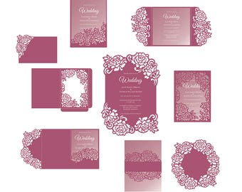 Peonies Set Cricut Wedding Invitation Template Floral Frame / Gate Fold / Tri-Fold Pocket Envelope / Bellyband SVG cutting files, Laser cut