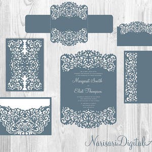 Laser cut Wedding Invitation Templates. Gate Fold Card / Envelope / Belly Band / RSVP / Place Card. Set SVG files, Silhouette Cameo, Cricut