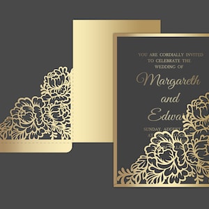 Floraler, lasergeschnittener Taschenumschlag für Hochzeitseinladungen, 5 x 7, SVG, Ai, CDR, Eps, PDF-Vorlage, Pfingstrosen-Quinceanera-Karte, Silhouette Cameo, Cricut