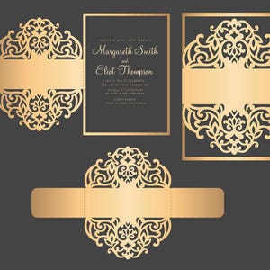 SVG DXF EPS Belly band Wedding Invitation. Laser cut Template, wrap / border, 5x7'', for Silhouette cameo & Cricut cutting machines