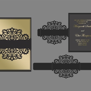 May include: Laser cut wedding invitation with a black and gold design. The invitation features a decorative floral pattern and the text "YOU ARE CORDIALLY INVITED TO CELEBRATE THE WEDDING OF Margareth Smith and Eliot Thompson SUNDAY, AUGUST 18, 2017 AT ONE O'CLOCK PM LOREM AVENUE IPSUM VILLAGE".