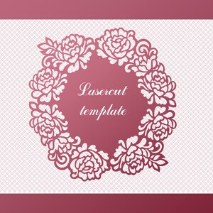 Puede incluir: Un diseño floral blanco con un marco circular y el texto "Lasercut template" en el centro. El diseño está sobre un fondo rosa.