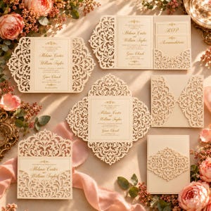 May include: A set of cream-coloured wedding invitations and stationery featuring intricate laser-cut floral patterns. The cards display gold foil text announcing the marriage of Melanie Carter and William Taylor at Grace Church in New York City.