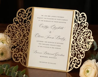 Gate fold invitation Card template / Laser cut wedding invitation design SVG DXF files, for Silhouette Cameo, Cricut cutting machines