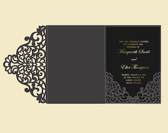 Tri Fold 5x7 Wedding Invitation Pocket Envelope SVG Template, ornamental lace design, laser cut file, Silhouette Cameo, Cricut