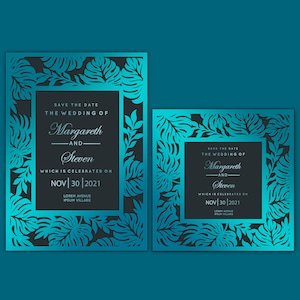 Tropical Monstera Wedding Invitation Frame & Envelope - Laser cut card 5x7 5x5 svg, dxf, ai, eps, cdr Template, Silhouette Cameo, Cricut