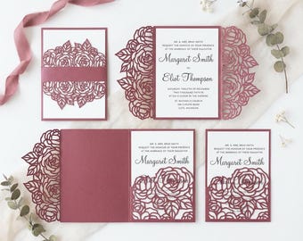 Roses Set Cricut Wedding Invitation Template Gate Fold / Tri-Fold Pocket Envelope / Bellyband. SVG cutting files, Laser cut