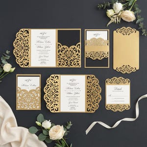 Invitación de boda cortada a láser, plantilla Cricut, sobre con bolsillo tríptico, faja, menú, SVG, DXF, Silhouette Cameo.