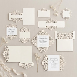 Set di modelli per inviti di nozze Cricut a tre ante, biglietti/buste/fascette pieghevoli. Menù, RSVP SVG, DXF, Silhouette Cameo, taglio laser.