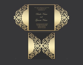 Plantilla de tarjeta cuadrada 5x5 cortada con láser de invitación de boda plegable en puerta ornamentada, archivo de corte SVG DXF, Silhouette Cameo, descarga digital Cricut