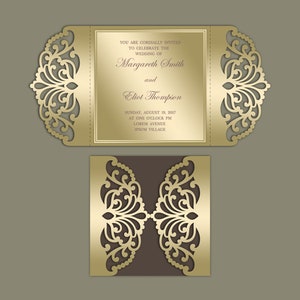 5x5 square Gate fold laser cut Wedding Invitation Template, Quinceanera, envelope DXF, DWG, SVG cutting file, Silhouette Cameo, Cricut