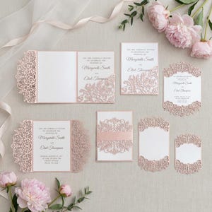 Laser cut wedding invitation Set, Cricut Template, Gate Fold, Tri-fold pocket Envelope, Bellyband, Menu, SVG, DXF, Silhouette Cameo