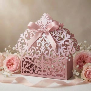 Op de afbeelding: Een roze, lasergesneden geschenkdoos met ingewikkelde bloempatronen en een satijnen strik. De doos is omgeven door roze rozen en delicate witte bloemen, wat een romantische en elegante uitstraling creëert.