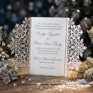 Plantilla de tarjeta de invitación de boda con copos de nieve, corte láser, plegable, de 5 x 7, archivo de corte digital SVG DXF para boda de invierno, Silhouette Cameo, Cricut