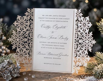 Schneeflocken-Hochzeitseinladung (5x7 Zoll, Klappkarte, lasergeschnitten), Winterhochzeits-SVG- und DXF-Datei (digitale Schneidedatei), kompatibel mit Silhouette Cameo und Cricut