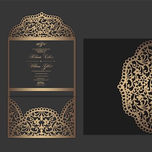 Tri Fold 5x7 Wedding Invitation Pocket Envelope SVG Template, ornamental lace design, laser cut file, Silhouette Cameo, Cricut cutting files