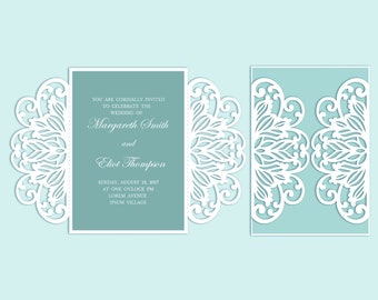 Plantilla de tarjeta de corte láser de invitación de boda plegable en puerta 5x7, archivo de corte SVG DXF, Silhouette Cameo, descarga digital Cricut