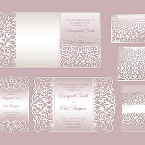 Conjunto de invitación de boda SVG ornamental, plantillas Cricut cortadas con láser, pliegue de puerta, sobre de bolsillo triple, banda para el vientre, cameo de silueta de menú