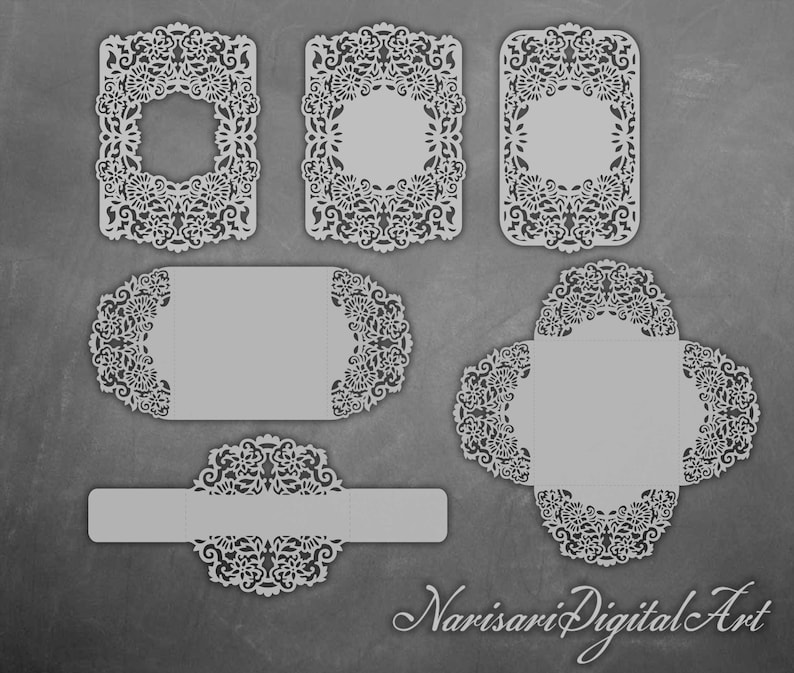 Download Invitation Kits Laser Cut Floral Set Cricut Wedding Invitation Template Frame Card Four Fold Gate Fold Bellyband Svg Cutting Files Silhouette Cameo Paper Party Supplies