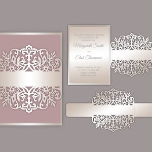 Floral lasercut Wedding Invitation Belly band Template, 5x7'' Quinceanera Invitation, SVG cutting file, Silhouette Cameo, Cricut