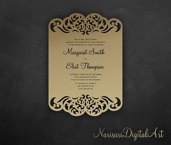 Ornamental laser cut Wedding Invitation Card template 5x7 Vector DXF SVG PLT files for Silhouette Cameo Cricut cutting machines