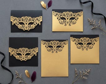 Mardi Gras Masquerade party invitation 5x5, 5x7 Belly band, Pocket Envelope, Mask SVG Template, laser cut file, Silhouette Cameo, Cricut
