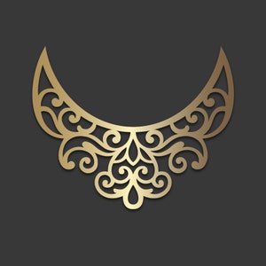 May include: A gold-colored, intricate, decorative, filigree design in the shape of a crescent moon.