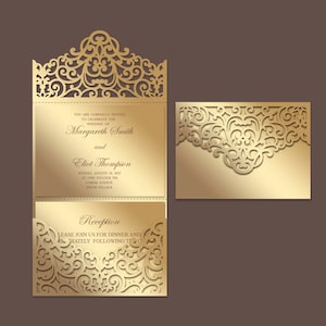 Tri Fold 5x7 Wedding Invitation Landscape Pocket Envelope SVG Template, ornamental lace design, laser cut file, Silhouette Cameo, Cricut