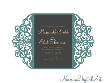 Ornamental 5x7'' Gate-fold Wedding Invitation Card Template, Quinceanera, laser cut, Vector SVG cutting file, Silhouette Cameo, Cricut