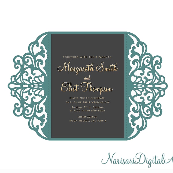 Ornamental 5x7'' Gate-fold Wedding Invitation Card Template, Quinceanera, laser cut, Vector SVG cutting file, Silhouette Cameo, Cricut