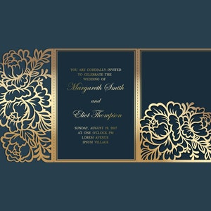 Lasergeschnittene dreifach gefaltete Pfingstrosen 5x7 Hochzeitseinladung Taschenumschlag SVG-Vorlage, Quinceanera-Karte, Silhouette Cameo, Cricut-Schneiddateien
