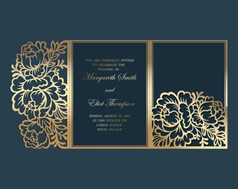 Laser cut Tri Fold Peonies 5x7 Wedding Invitation Pocket Envelope SVG Template, Quinceanera card, Silhouette Cameo, Cricut cutting files