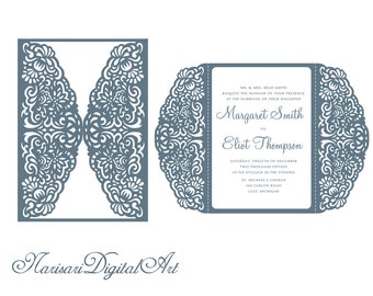 Laser cut lace Wedding invitation template, 5x7, Gate fold Card, Quinceanera Invitation, SVG cutting file, die cut, Silhouette Cameo, Cricut