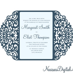 Ornamental 5x7&#39;&#39; Gate-fold Wedding Invitation Card Template, Quinceanera, laser cut, Vector SVG cutting file, Silhouette Cameo, Cricut