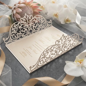 Modèle de carte de mariage à volet 5x7 découpée au laser, motif dentelle ornée, fichier de découpe SVG DXF, compatible Silhouette Cameo et Cricut (téléchargement numérique).