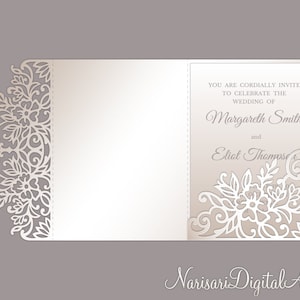 Modelo SVG de envelope de bolso para convite de casamento floral 5x7 com três dobras, design de borda de renda floral, arquivo de corte a laser, Silhouette Cameo, Cricut
