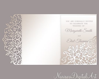 Tri Fold Floral 5x7 Wedding Invitation Pocket Envelope SVG Template, floral lace edge design, laser cut file, Silhouette Cameo, Cricut