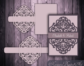 Laser cut Wedding Invitation Slide-in Card/Belly band Template, 5x7'' Quinceanera Invitation, SVG cutting file, Silhouette Cameo, Cricut