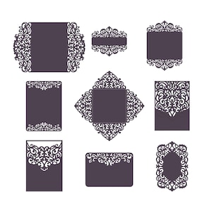 Set Laser cut Wedding Invitation Templates Card/Envelope/Belly Band/RSVP. (svg, dxf, eps, cdr) cutting files, Silhouette Cameo, Cricut