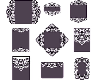 Set Laser cut Wedding Invitation Templates Card/Envelope/Belly Band/RSVP. (svg, dxf, eps, cdr) cutting files, Silhouette Cameo, Cricut