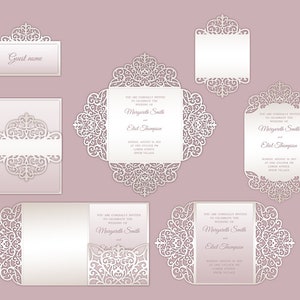 Set Cricut-Hochzeitseinladungsvorlage, dreifach gefalteter Umschlag / Torfalte / Bauchband. Menü, Tischkarte, RSVP-Silhouette-Cameo, Laserschnitt