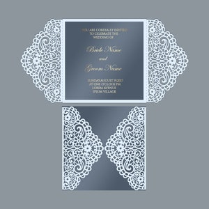 Lace Gate-fold Wedding Invitation laser cut 5x5 Square Card Template, SVG DXF cutting file, Silhouette Cameo, Cricut Digital download