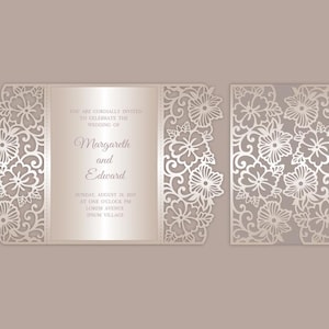 Floral Gate fold Wedding invitation template - Laser Paper Cut envelope - SVG, DXF, AI Silhouette Cameo - Cricut files - Instant Download